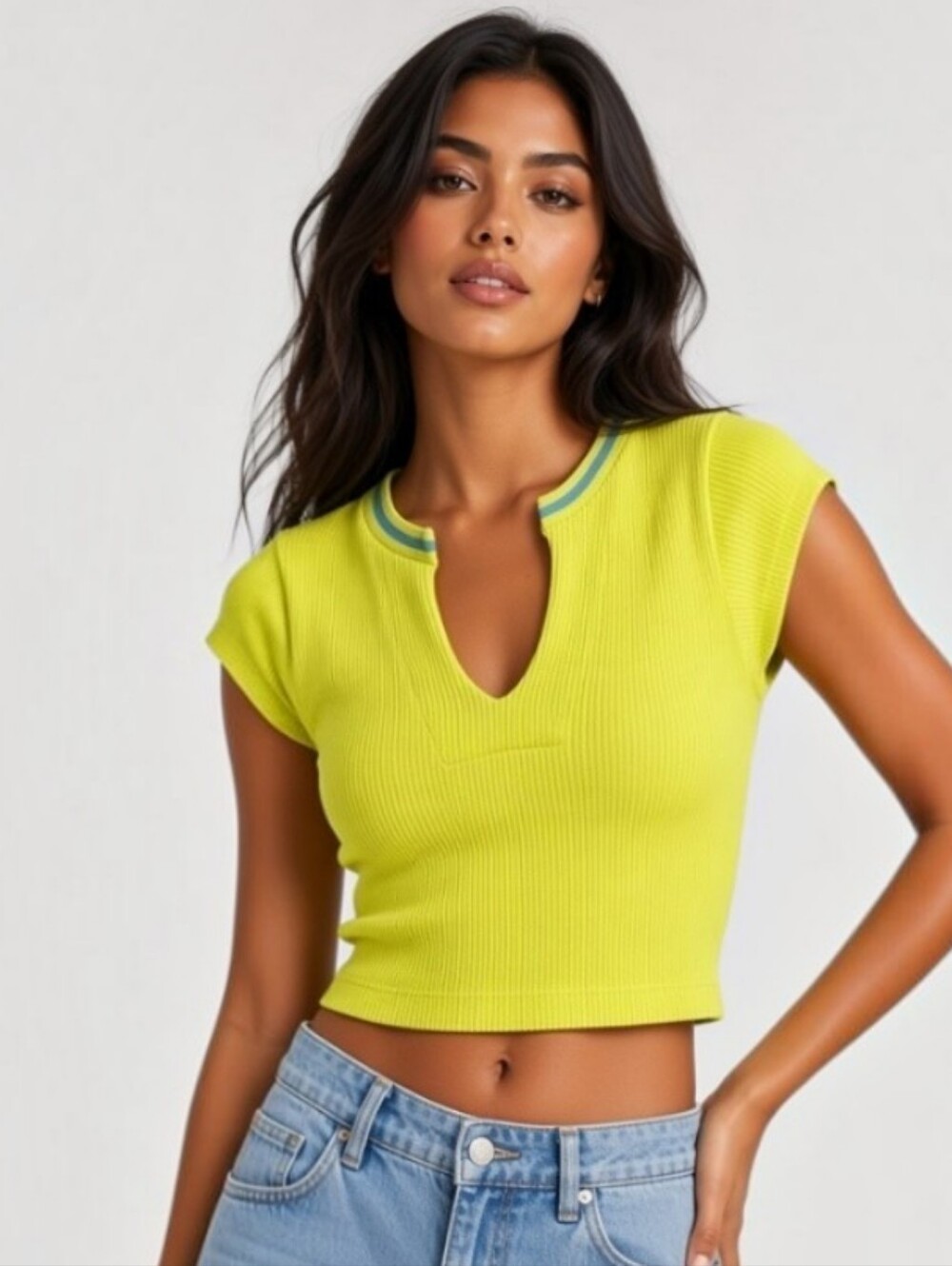 NWT Women's Neon Yellow & Blue Ribbed Cropped Top